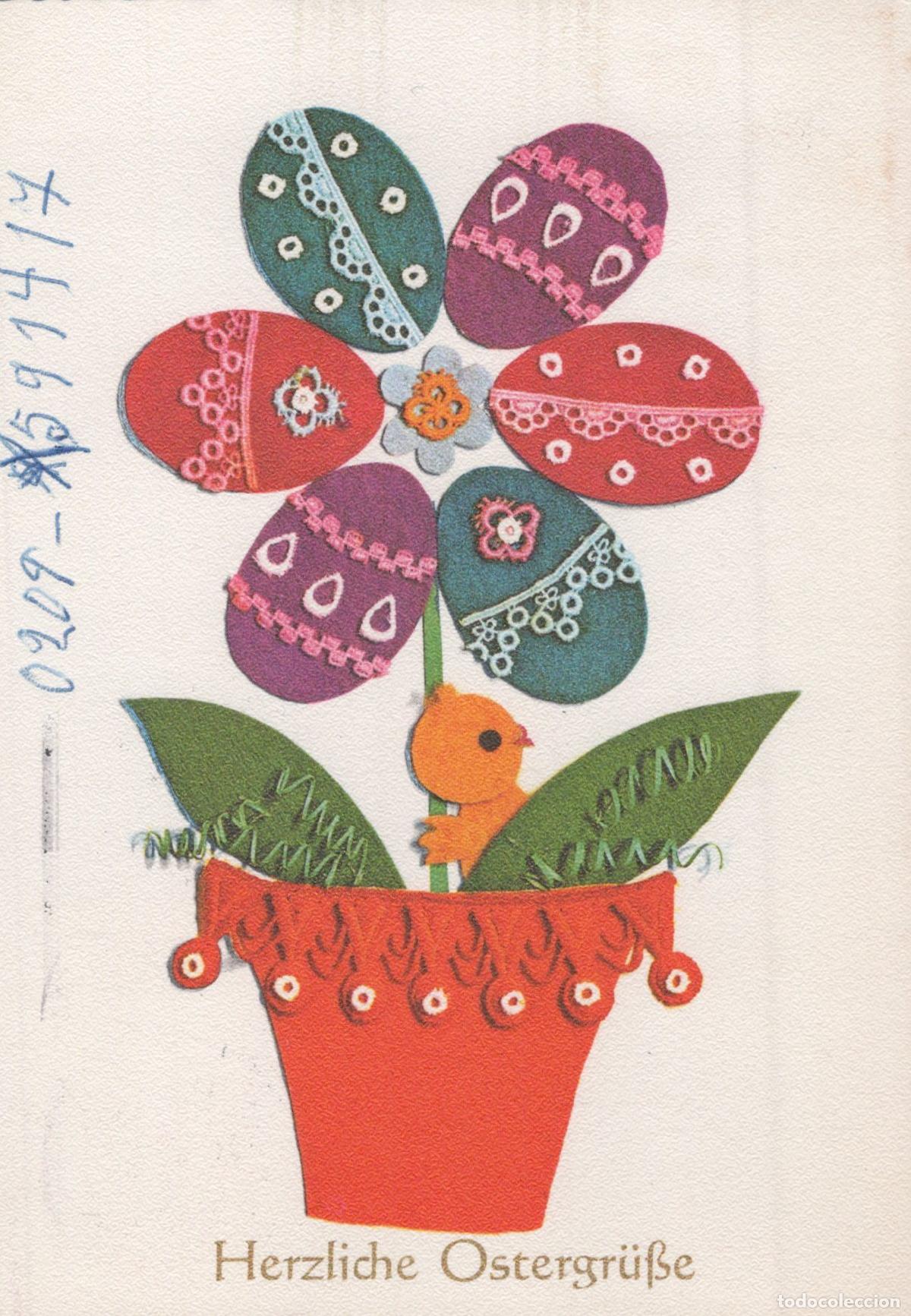 Postcards: Germany Hannover Easter Greetings Chick in Pot With Egg Flowers Vintage *YAY033