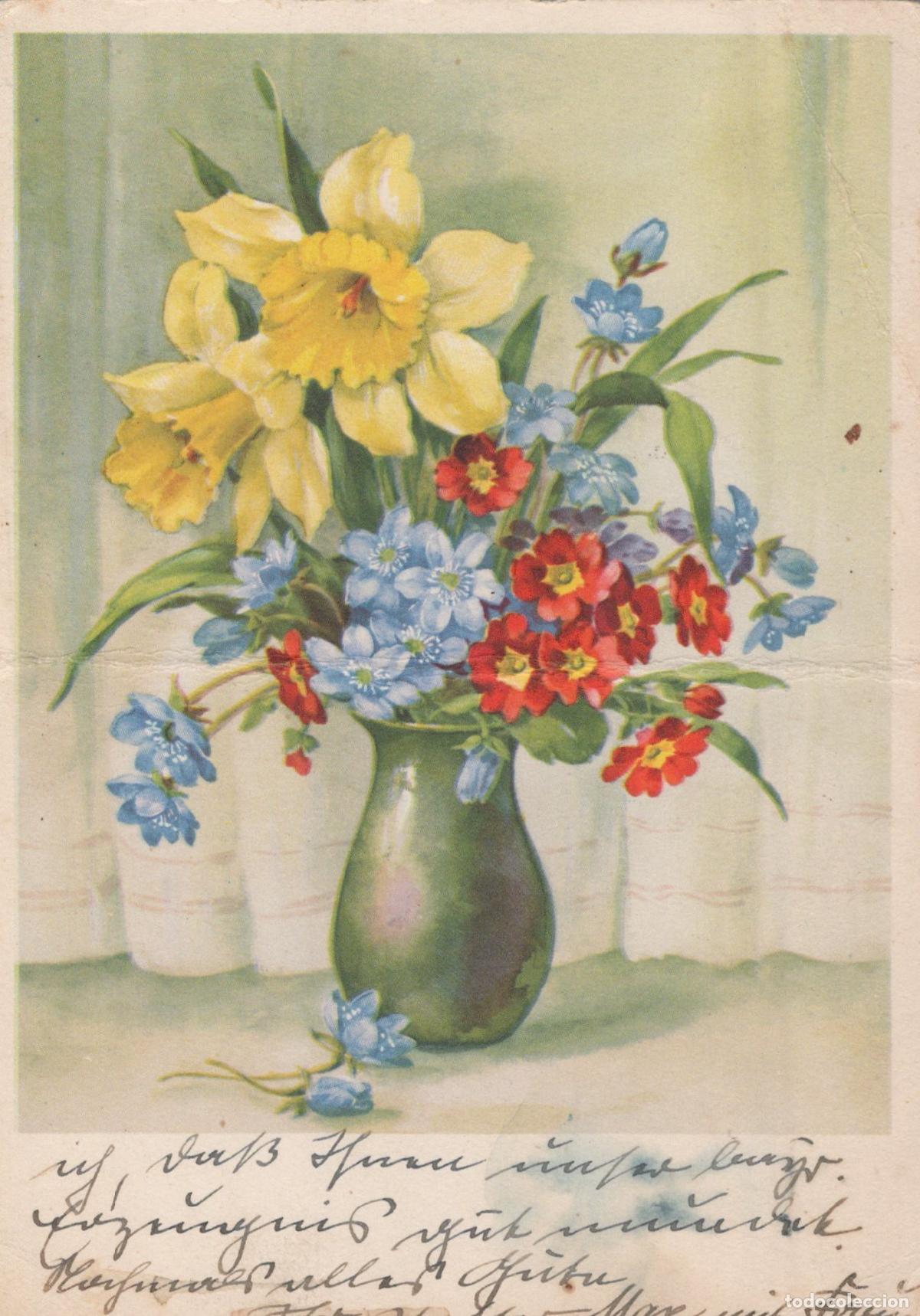 Cartes Postales: Germany Dresden Still Life Daffodils Primroses Blue Flowers in Vase *YAY049
