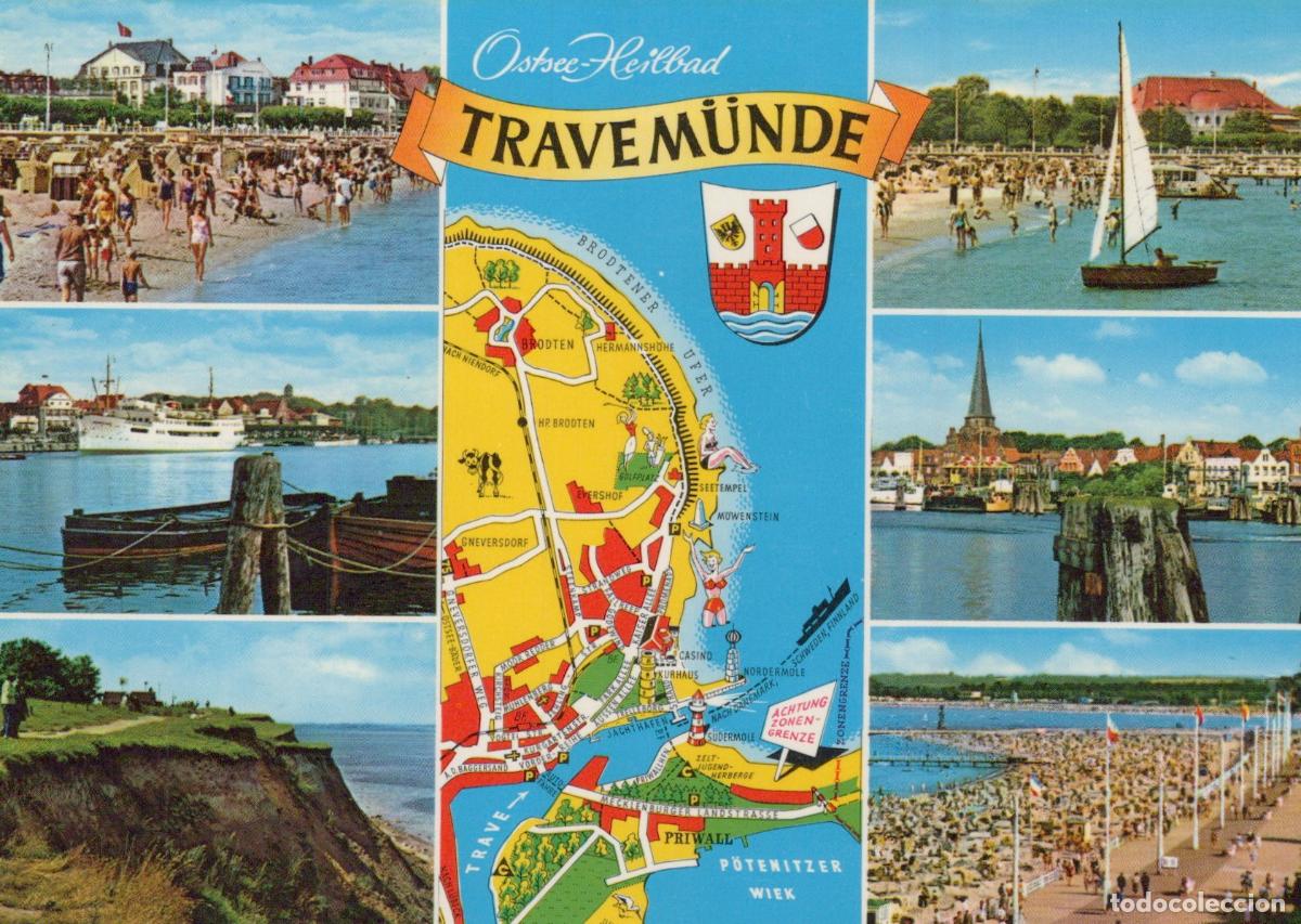 Cartoline: Germany Travem&uuml;nde Multi View With Map Beach Harbor and Town Unposted *YAY089
