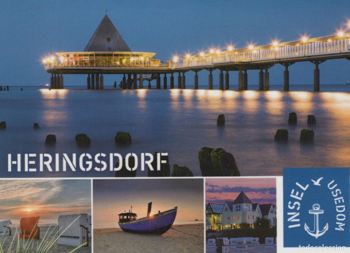 Cartoline: Germany Heringsdorf Pier At Night Beach Chairs Fishing Boat Usedom *YAY426