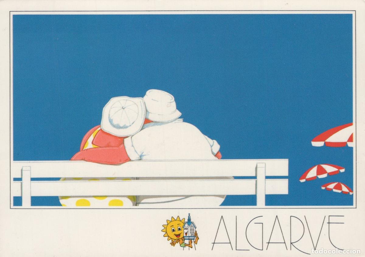Postales: Portugal Algarve Couple On Bench Beach Umbrellas Cartoon Art Unposted *YAY341