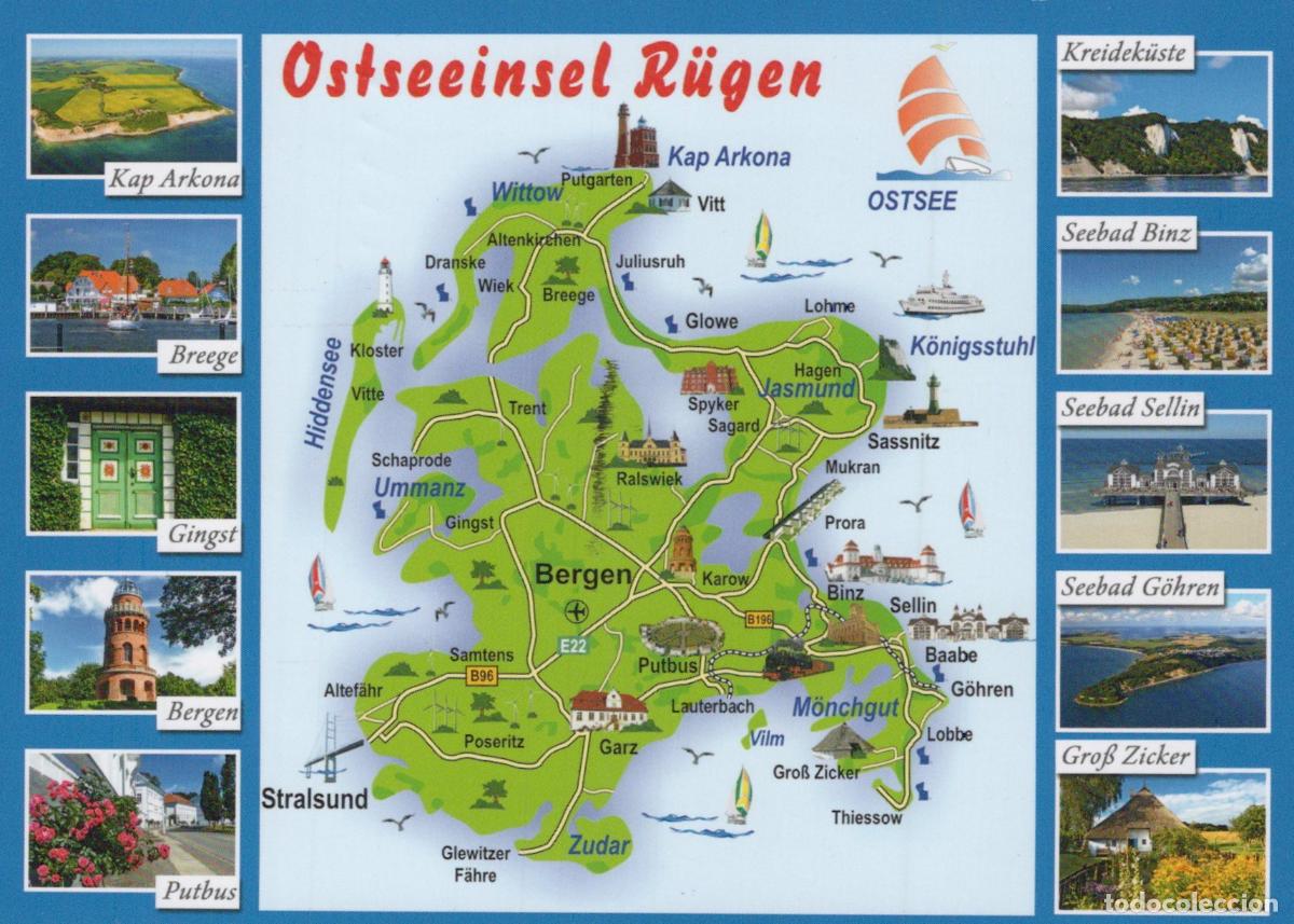 Postkarten: Germany R&uuml;gen Island Map of With Various Towns and Landmarks *YAY208