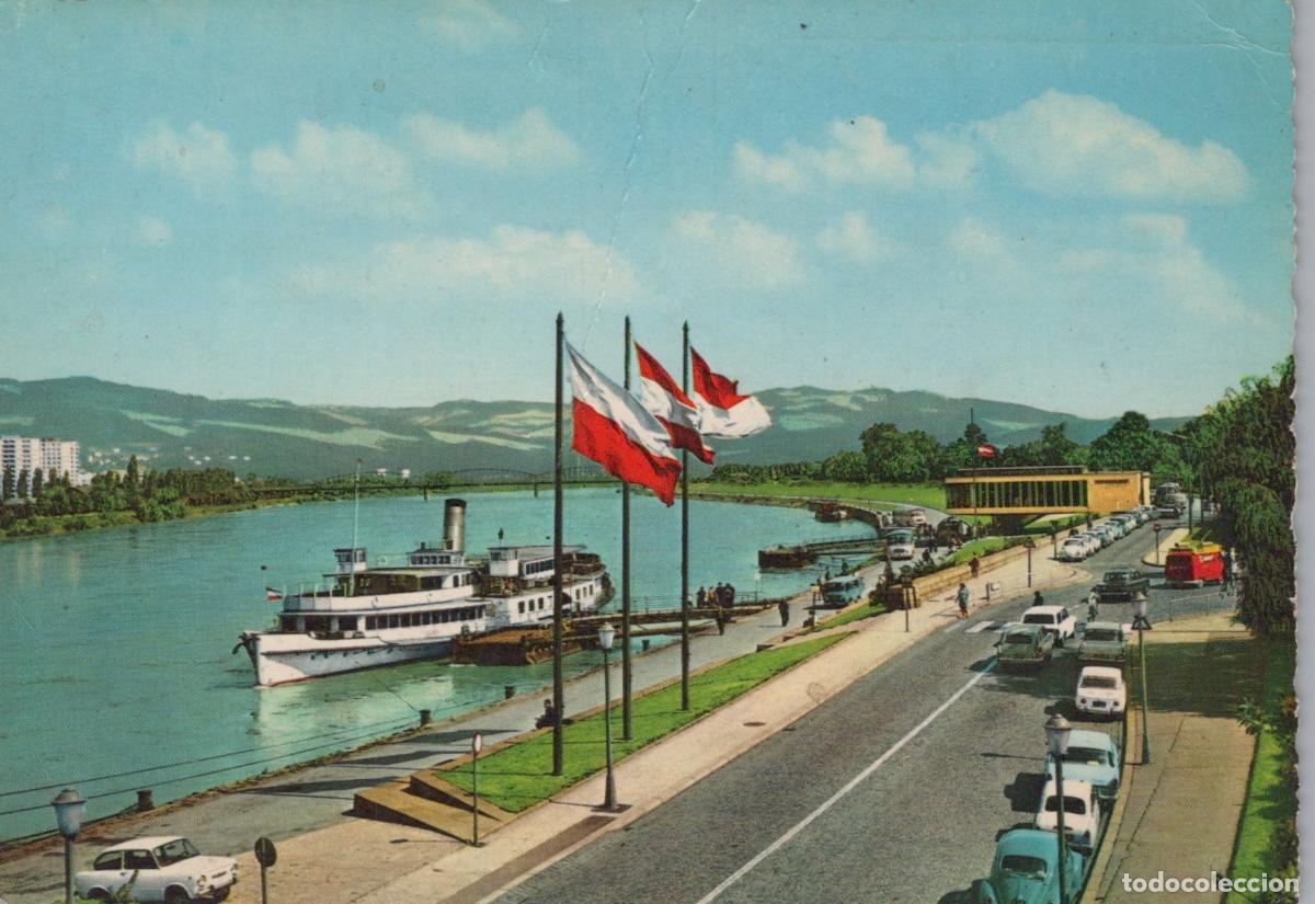 Cartes Postales: Austria Linz Danube River Steamboat Flags Cars Mountains *YAY560