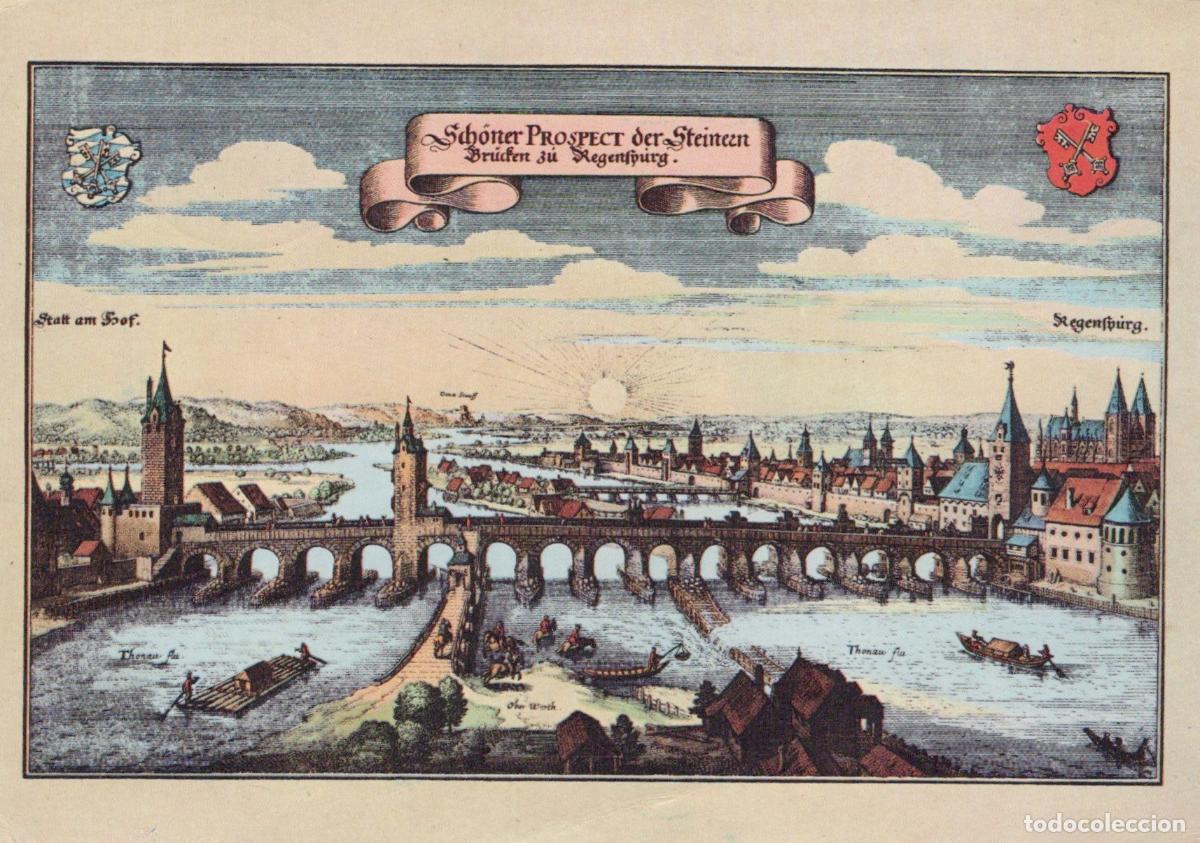 Cartes Postales: Germany Regensburg Stone Bridge Historic Cityscape Engraving *YAY580