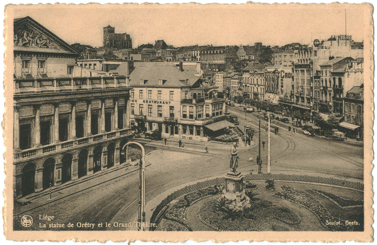 Postales: LI&Egrave;GE_La statue de Gr&eacute;try et le Grand Th&eacute;&acirc;tre _Nels / Teatros de B&eacute;lgica