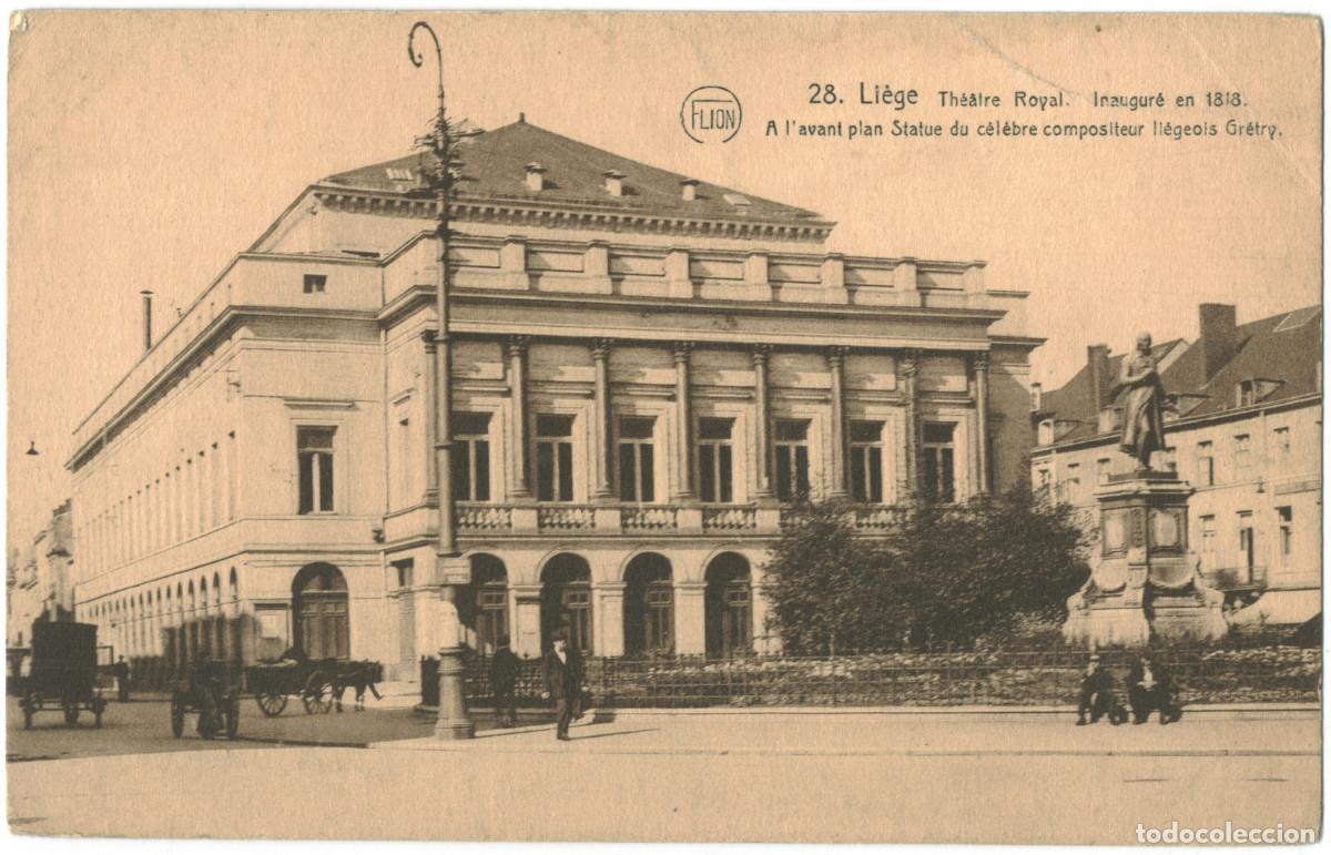 Postales: LI&Egrave;GE_Th&eacute;&acirc;tre Royal et statue Gr&eacute;try_Flion; 28 / Teatros de B&eacute;lgica