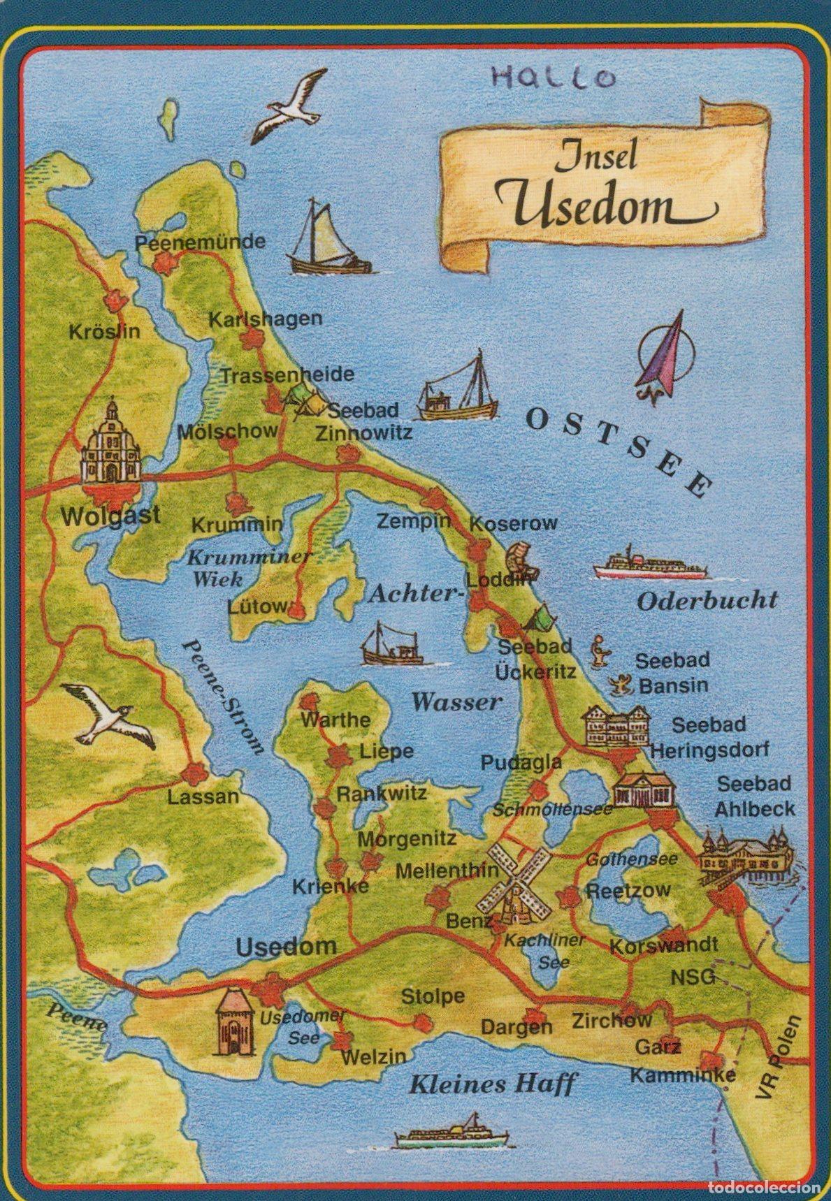 Cartoline: Germany Usedom Map of Island With Towns Landmarks and Sea *YAZ695