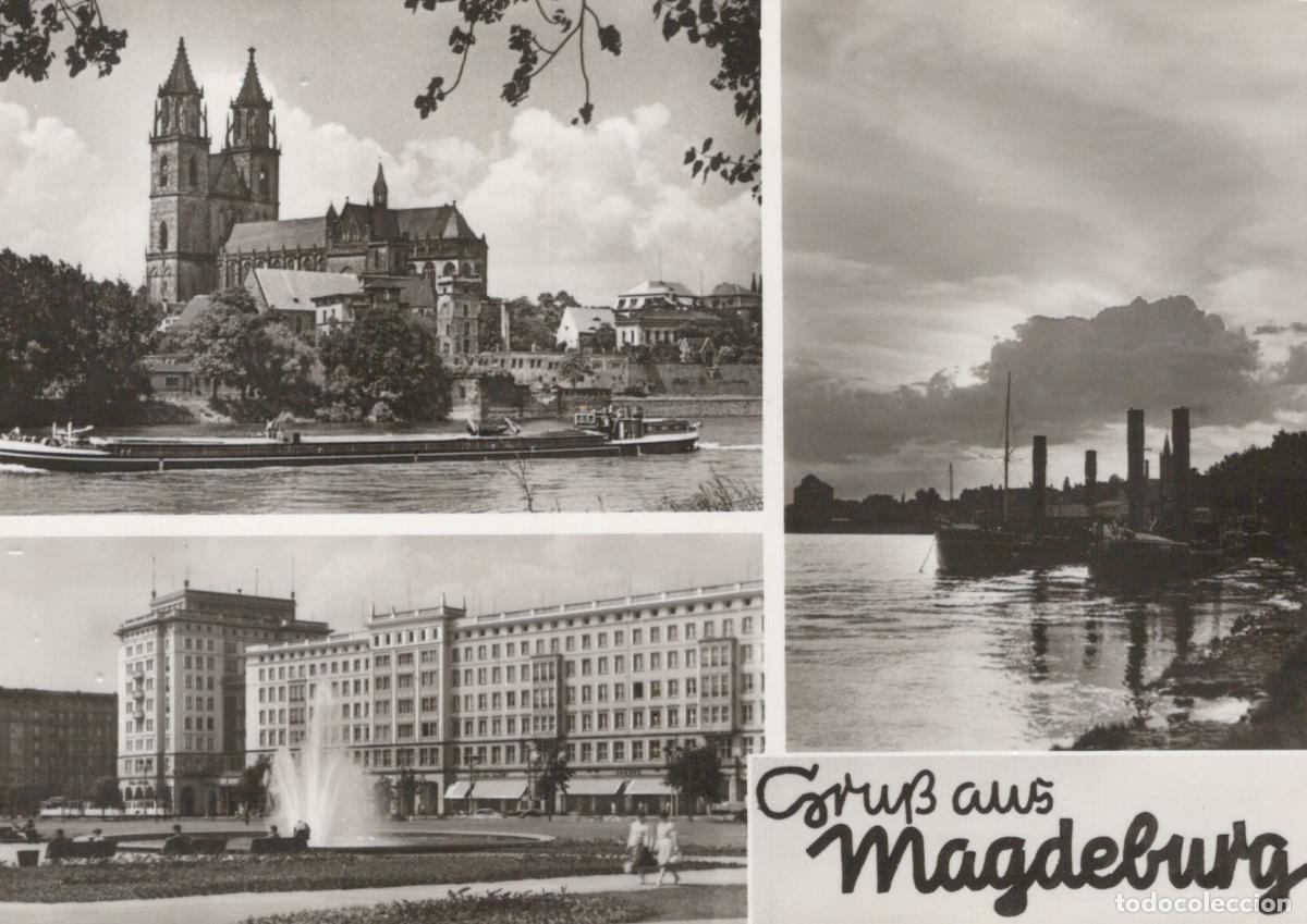 Cartoline: Germany Magdeburg Cathedral Elbe River and City Buildings Real Photo *YAZ314