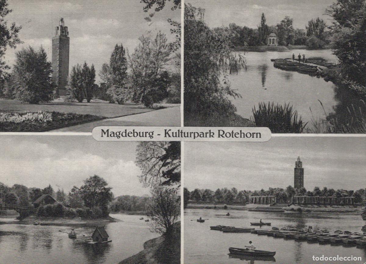 Cartoline: Germany Magdeburg Kulturpark Rotehorn Tower Lake Boats Architecture *YAZ356