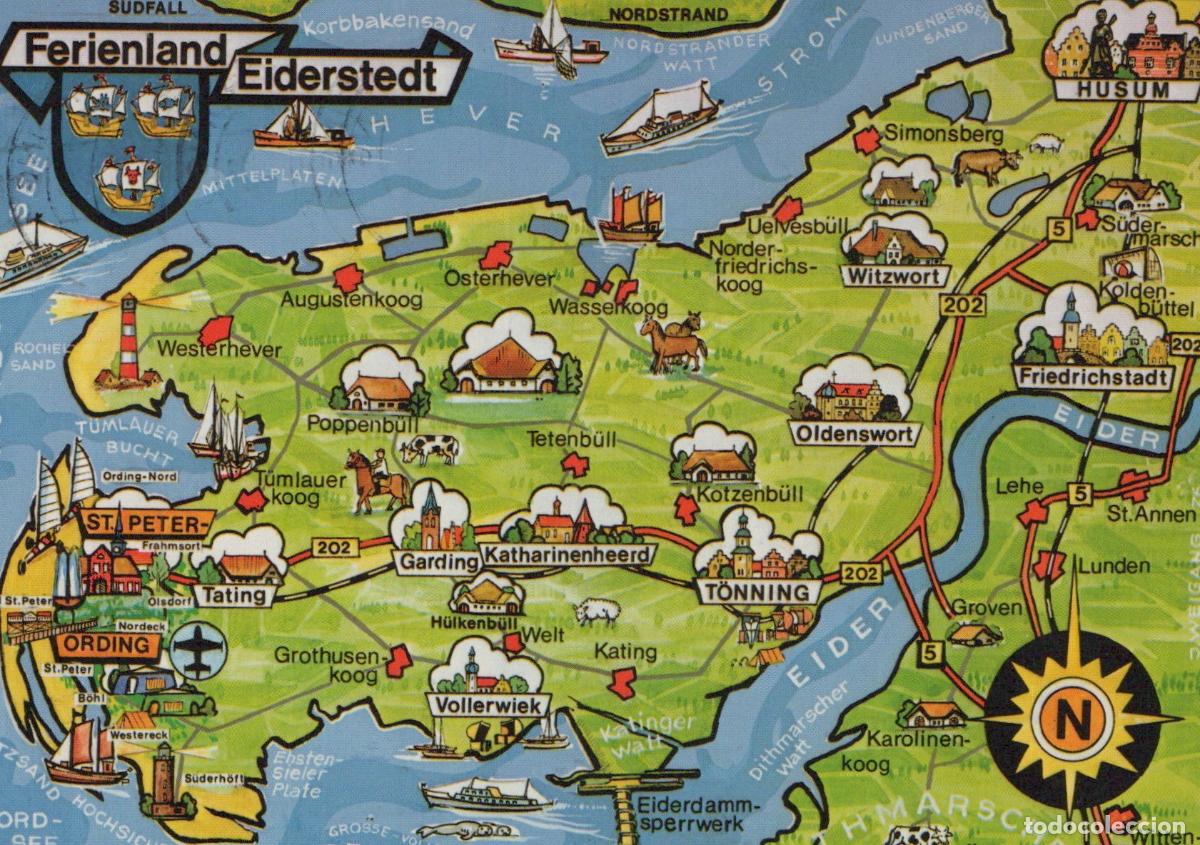 Postkarten: Germany Husum Map of Eiderstedt Peninsula With Towns and Landmarks *YAZ751