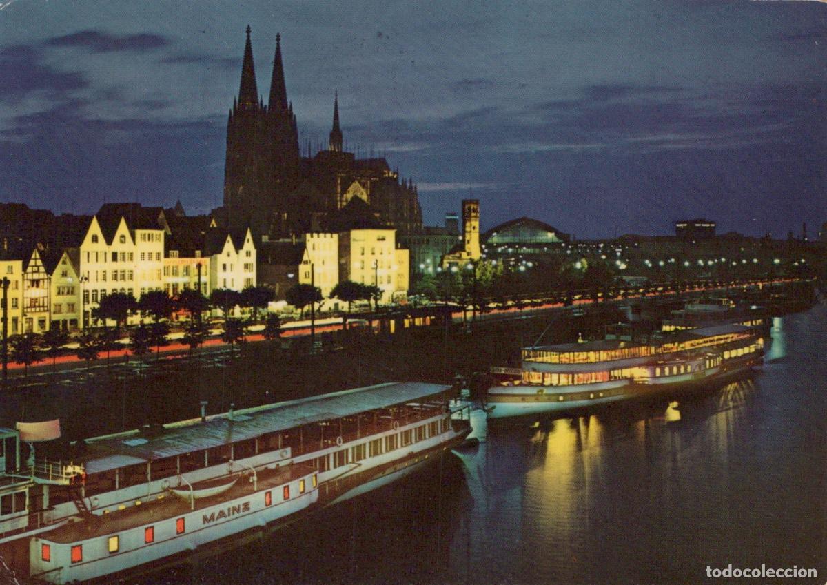 Cartes Postales: Germany Koeln Cologne Cathedral and Rhine River With Boats At Night *YBA028