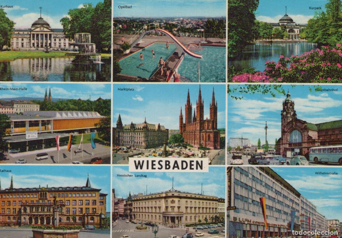 Cartoline: Germany Wiesbaden Multi View Kurhaus Opelbad Rhein Main Halle Marktplatz *YBA154
