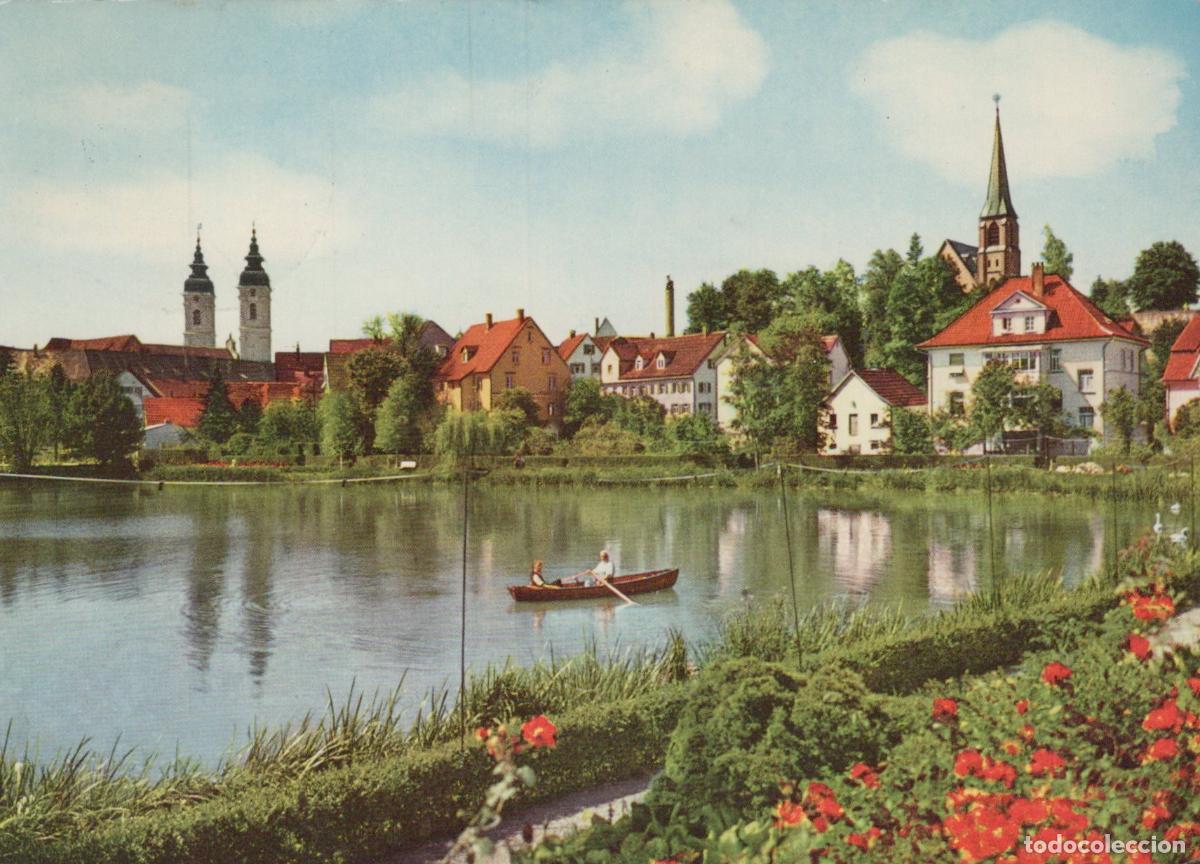 Postales: Germany Bad Waldsee Lake With Rowboat and Town Skyline 1960s *YBA849
