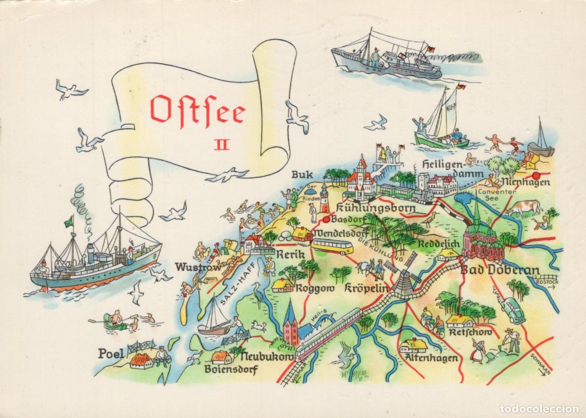 Cartes Postales: Germany Ostsee Map of II Baltic Sea Coastline With Towns and Ships *YBA617