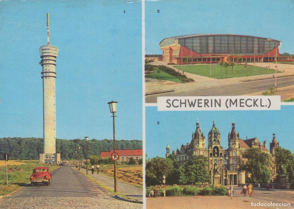 Postcards: Germany Schwerin Meckl TV Tower Sport Hall and Castle East *YBA878