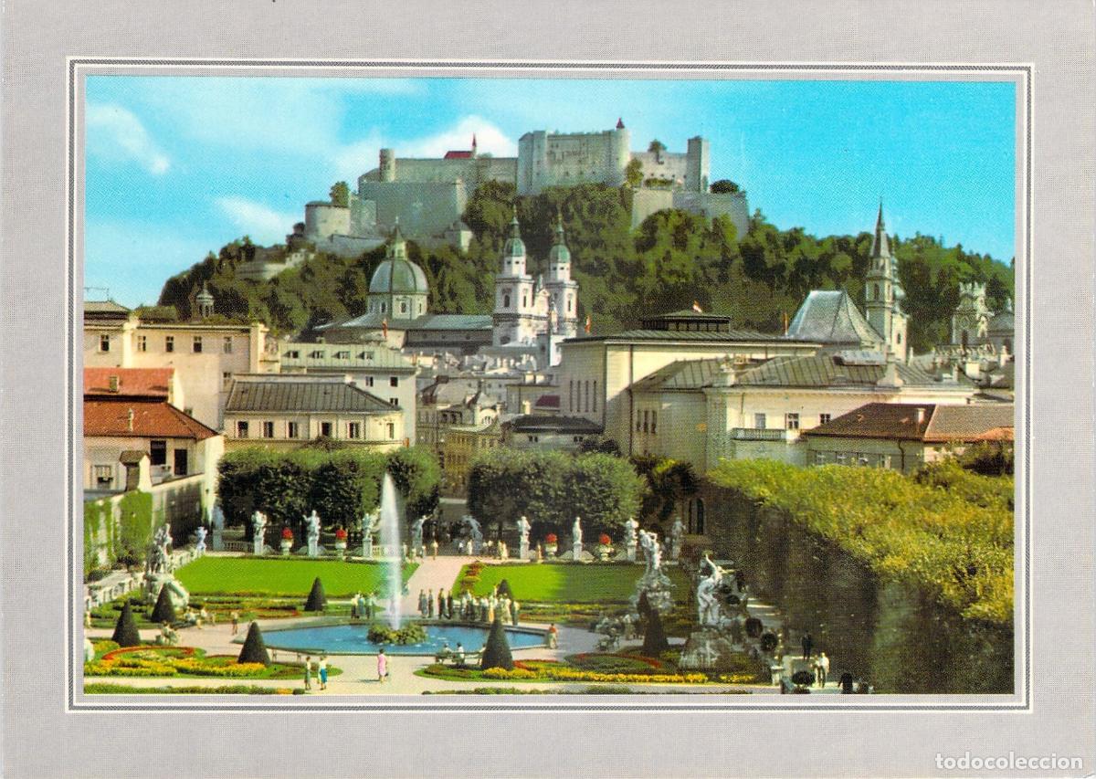 Postales: Postal de los Jardines Mirabell, Catedral y Fortaleza en Salzburgo