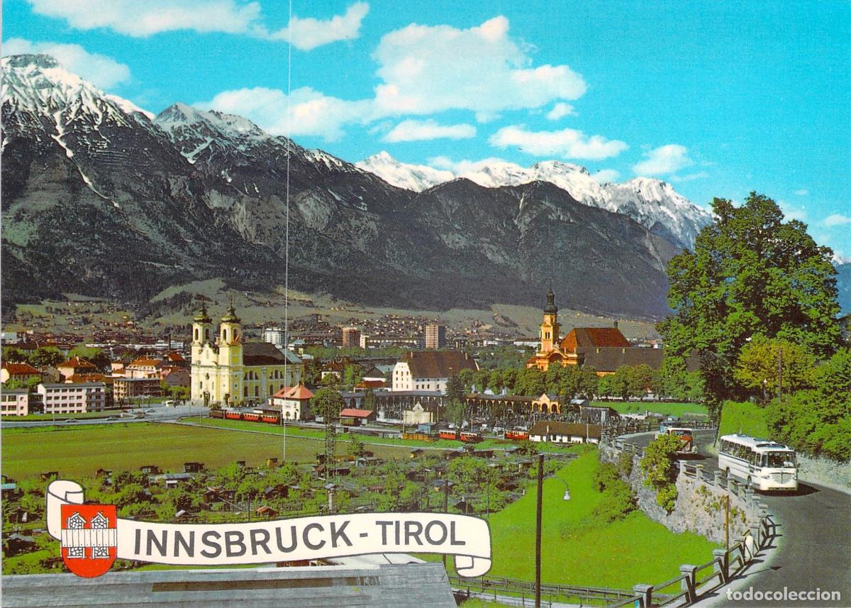 Postales: Postal de Innsbruck y la Bas&iacute;lica de Wilten en los Alpes, Austria