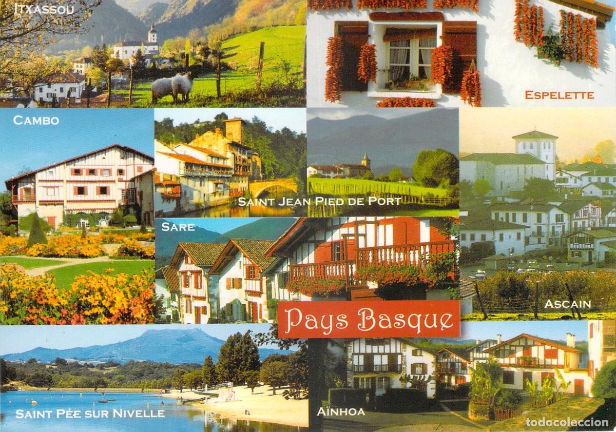 Postales: Postal del Pa&iacute;s Vasco con collage de pueblos y paisajes franceses