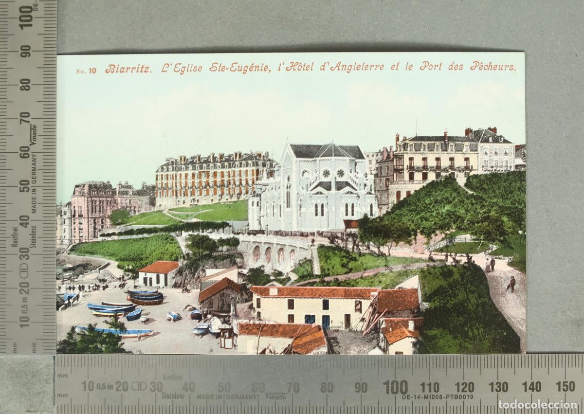 Postales: POSTAL. Biarritz - L'Eglise Ste-Eug&eacute;nie, l'H&ocirc;tel d'Angleterre et le Port des P&ecirc;cheurs