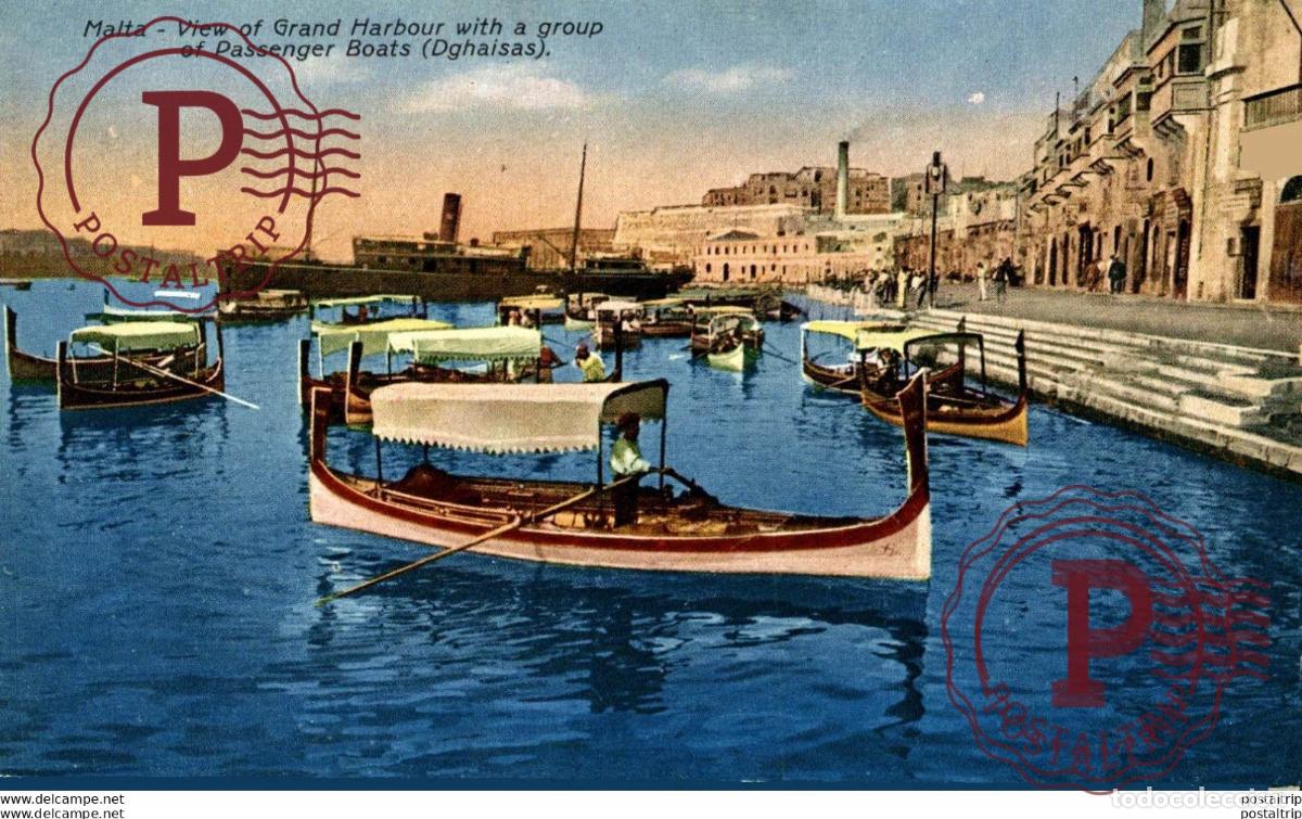 Postkarten: MALTA, VIEW OF GRAND HARBOUR WITH A GROUP OF PASSENGER BOATS DGHAISAS. MALTA.