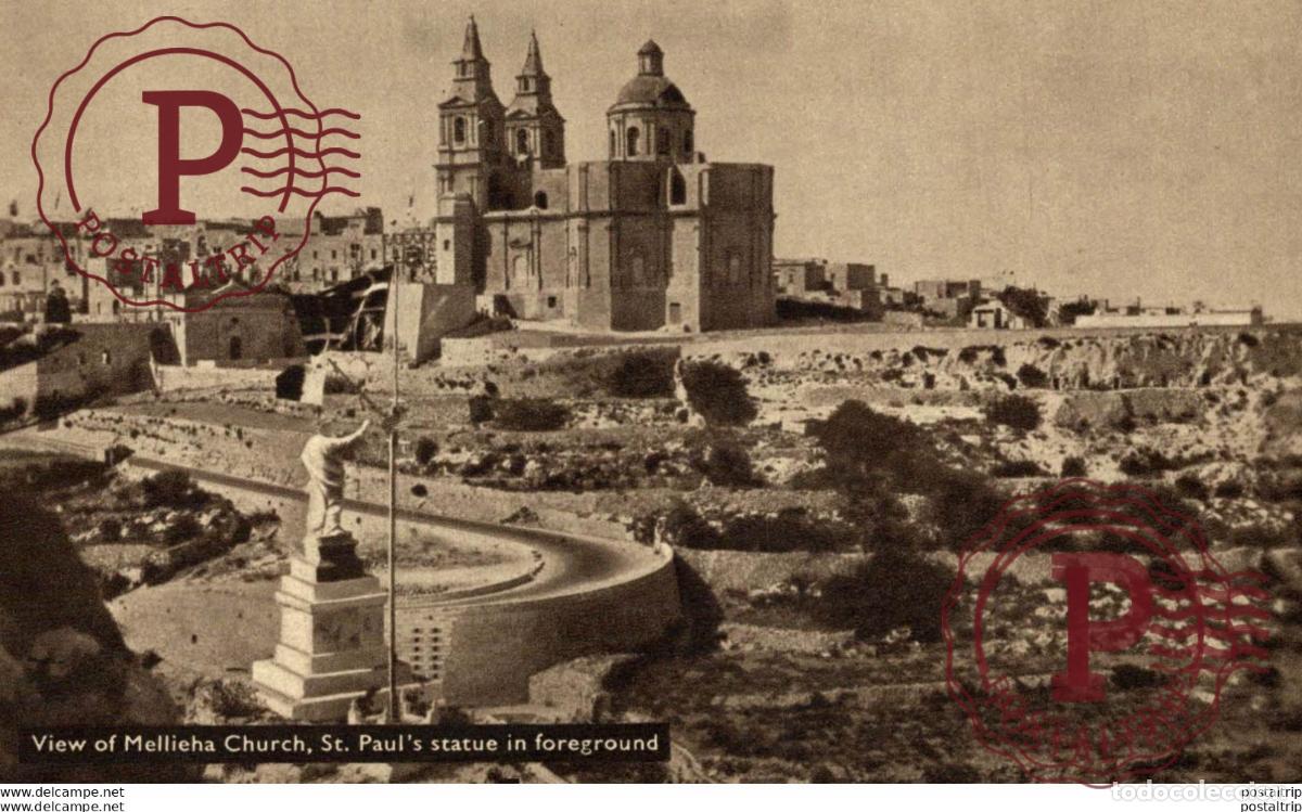Postkarten: VIEW OF MELLIEHA CHURCH, ST. PAULS STATUE IN FOREGROUND. MALTA.