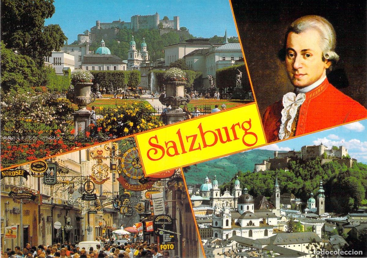 Postales: Postal de Salzburgo con Mozart y los Jardines Mirabell