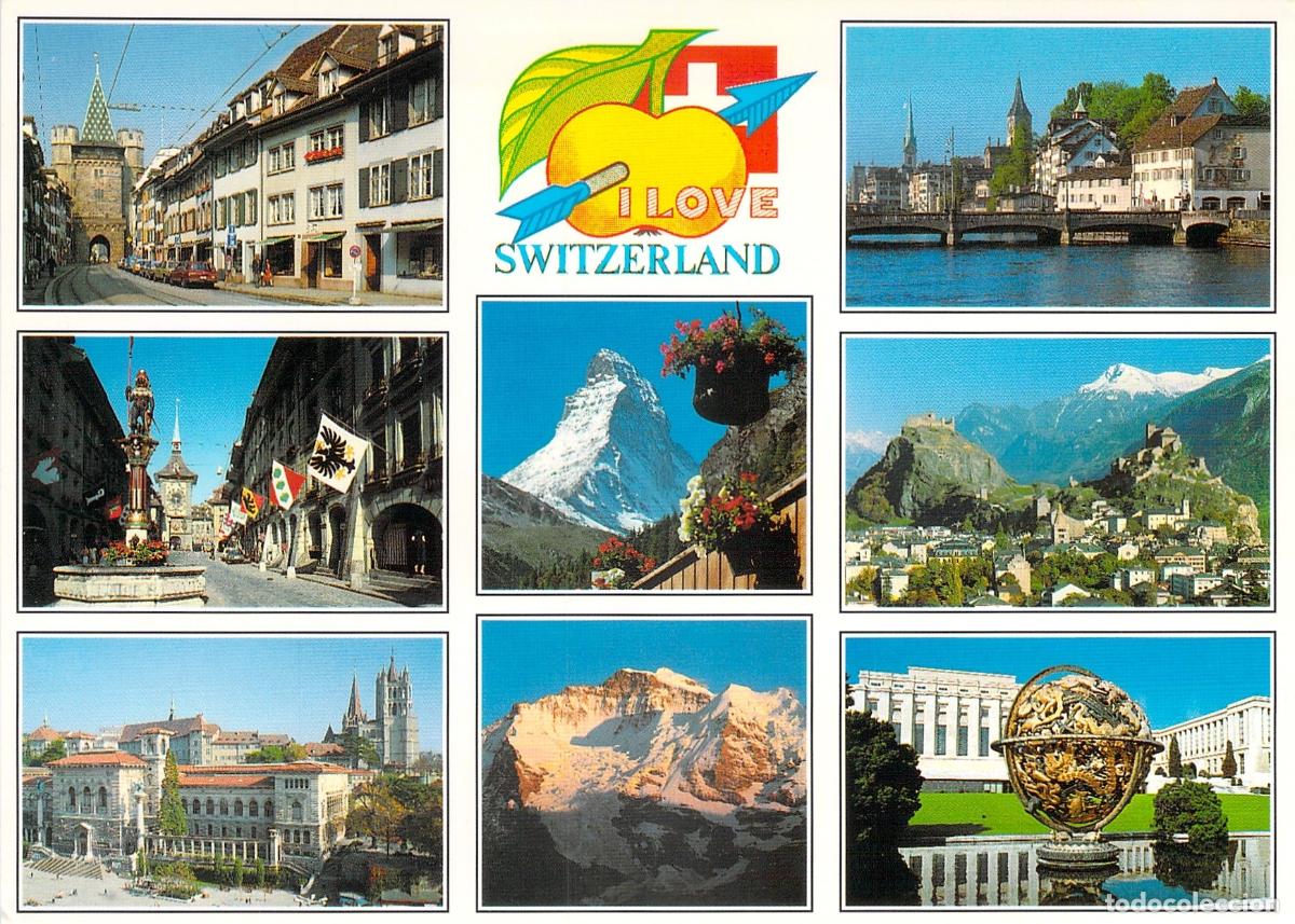 Postales: Postal con collage de paisajes y monumentos ic&oacute;nicos de Suiza