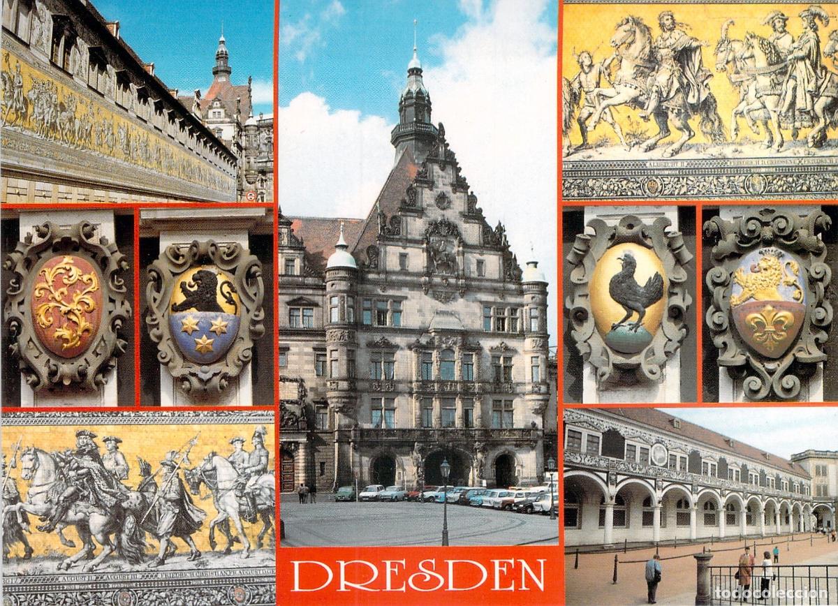 Postales: Postal de Dresden con el F&uuml;rstenzug y detalles her&aacute;ldicos