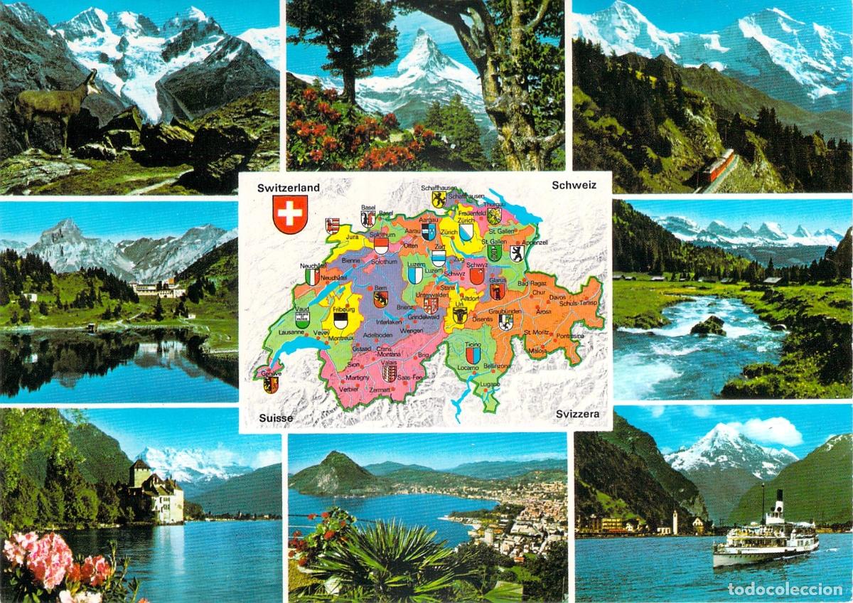 Postales: Postal de paisajes y mapa de Suiza con monta&ntilde;as y monumentos