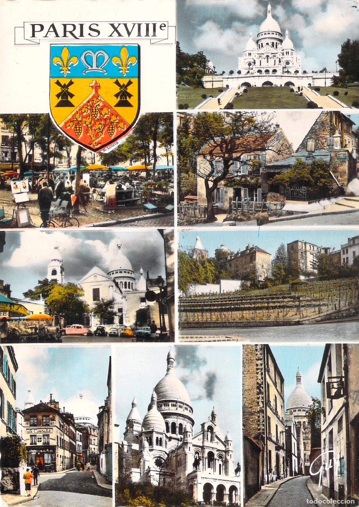 Postales: Postal de Montmartre Par&iacute;s con vistas al Sacr&eacute;-C&oelig;ur y lugares hist&oacute;ricos