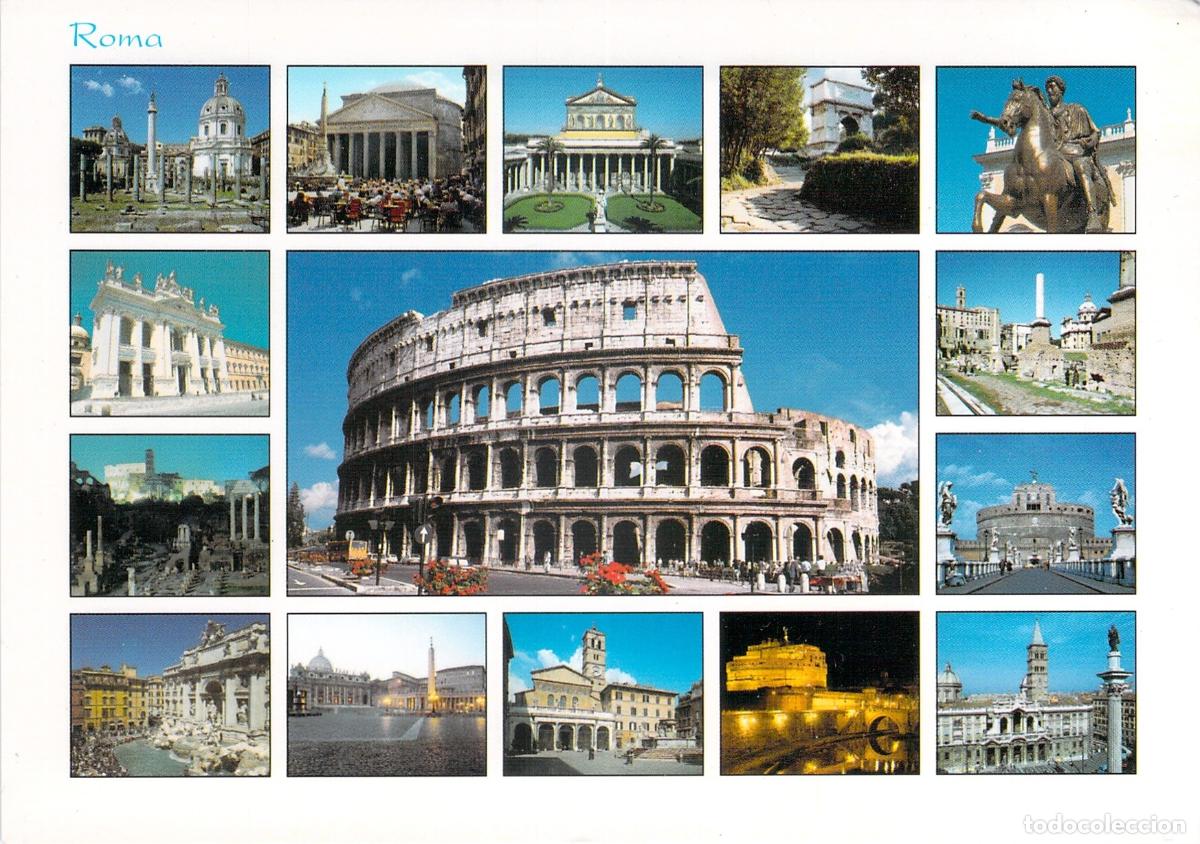 Postales: Postal de Roma con m&uacute;ltiples monumentos famosos de Italia