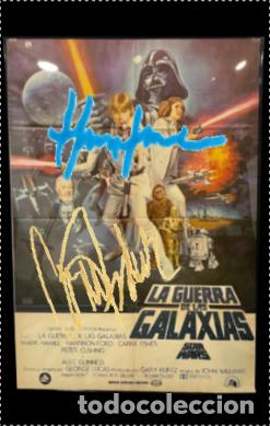 Postales: LA GUERRA DE LAS GALAXIAS, Postales con firmas de Carrie Fisher y Harrison Ford (x3).