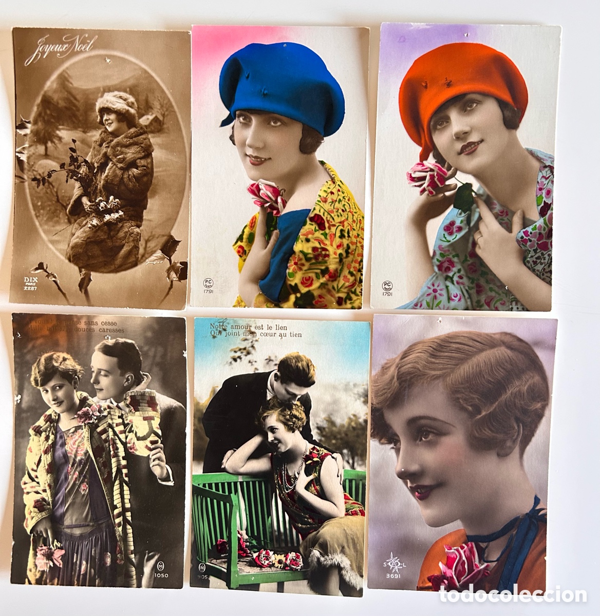 Postales: Lote de 6 postales francesas coloreadas &ndash; escenas rom&aacute;nticas y retratos