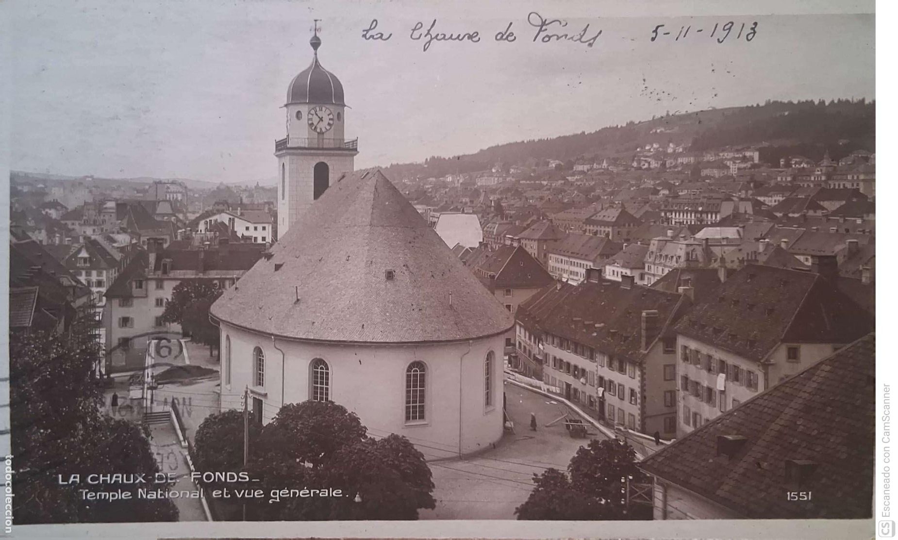 Postales: La Chaux-de-Fonds (Suiza). 1551 Templo Nacional y vista general. Blanco/Negro. Usada con sello.