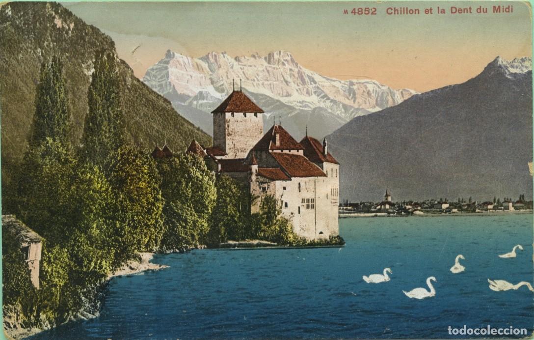Postales: N&ordm; M 4853 Chillon y el Den du Midi. Lago Lem&aacute;n. Suiza. Sin circular. ED. PHOTOGLOB