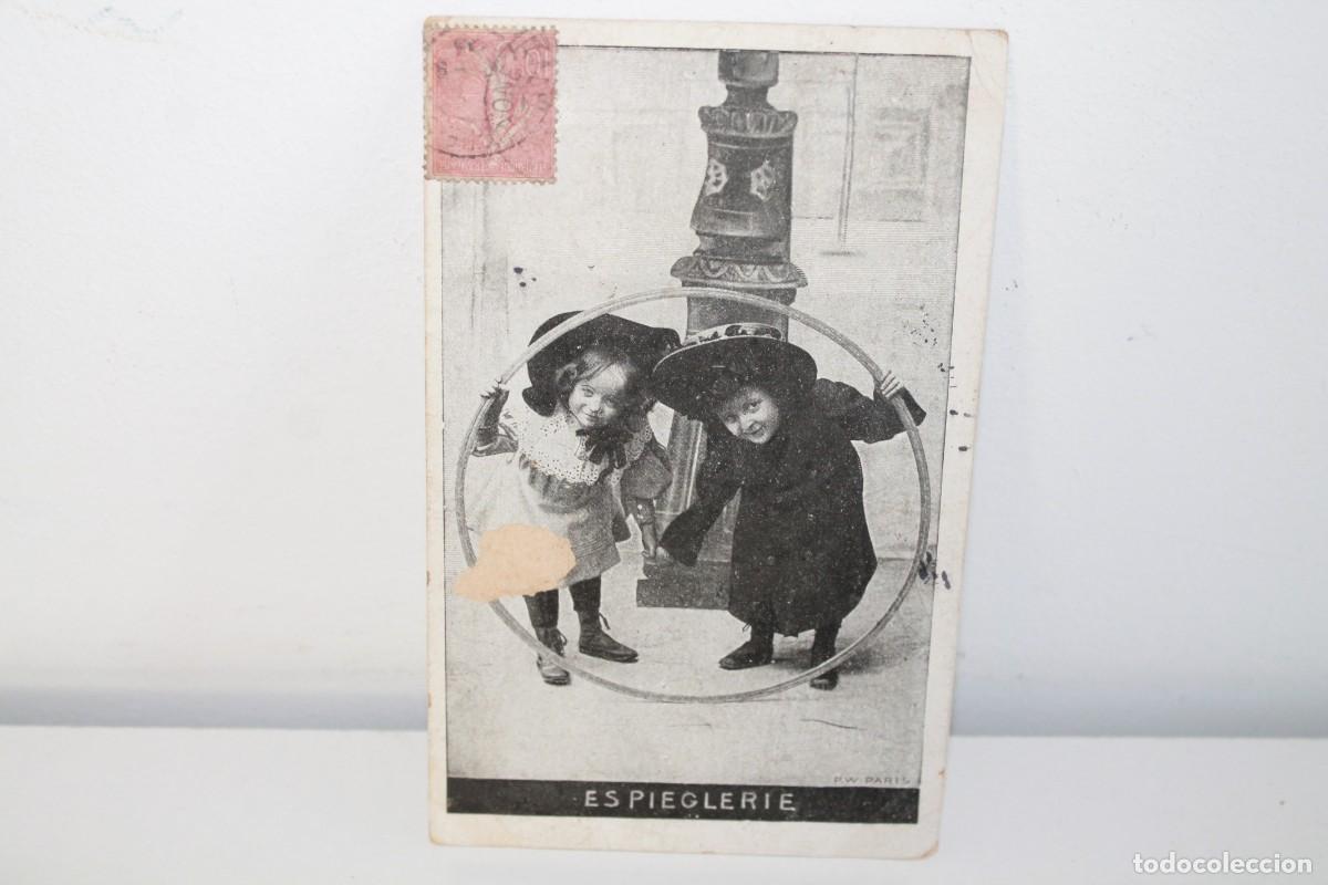 Cartoline: NTIGUA TARJETA POSTAL FRANCESA ESPI&Egrave;GLERIE NI&Ntilde;AS CON ARO CIRCULADA SELLO LA SEMEUSE 10C