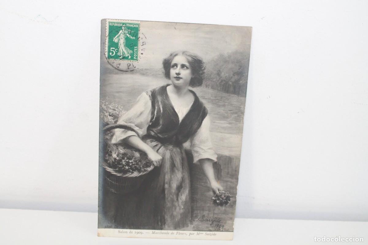 Postais: NTIGUA POSTAL 1909 MARCHANDE DE FLEURS MME SAIZ&Eacute;DE SELLO SEMEUSE 5C