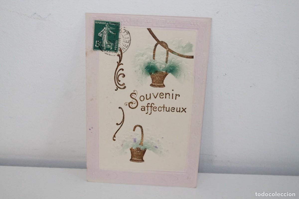 Postales: ANTIGUA POSTAL FRANCESA RELIEVE SOUVENIR AFFECTUEUX CIRCA 1907-1915 SELLO SEMEUSE 5 C VERDE