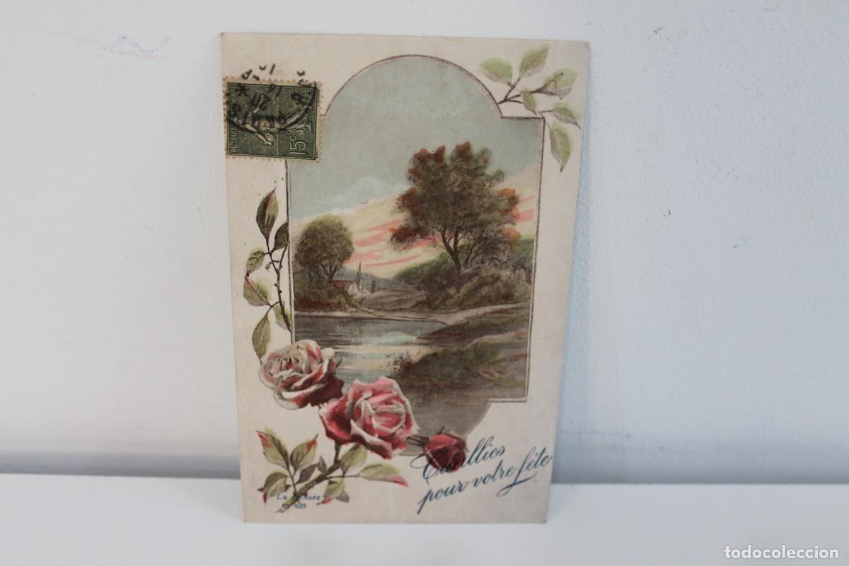 Postales: ANTIGUA POSTAL FRANCESA CIRCULADA PAISAJE Y ROSAS SELLO SEMEUSE 15 C