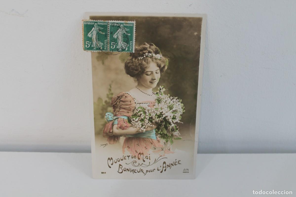 Postales: ANTIGUA POSTAL FRANCESA MUGUET DE MAI CIRCULADA CIRCA 1910 PAREJA SELLOS SEMEUSE 5C