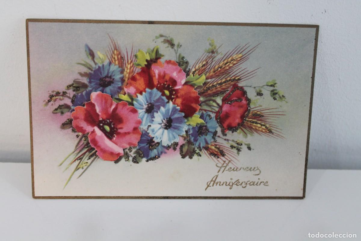 Postales: ANTIGUA POSTAL FRANCESA FLORES EN RELIEVE 3D TROQUELADA COLLAGE Y PURPURINA NO CIRCULADA