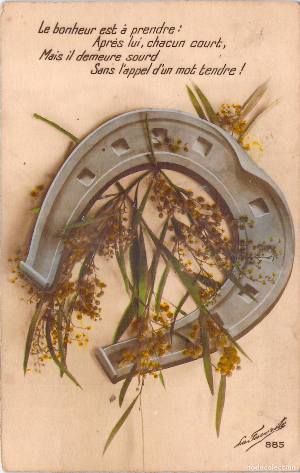 Postales: Postal con herradura y flores, mensaje sobre el destino y la felicidad