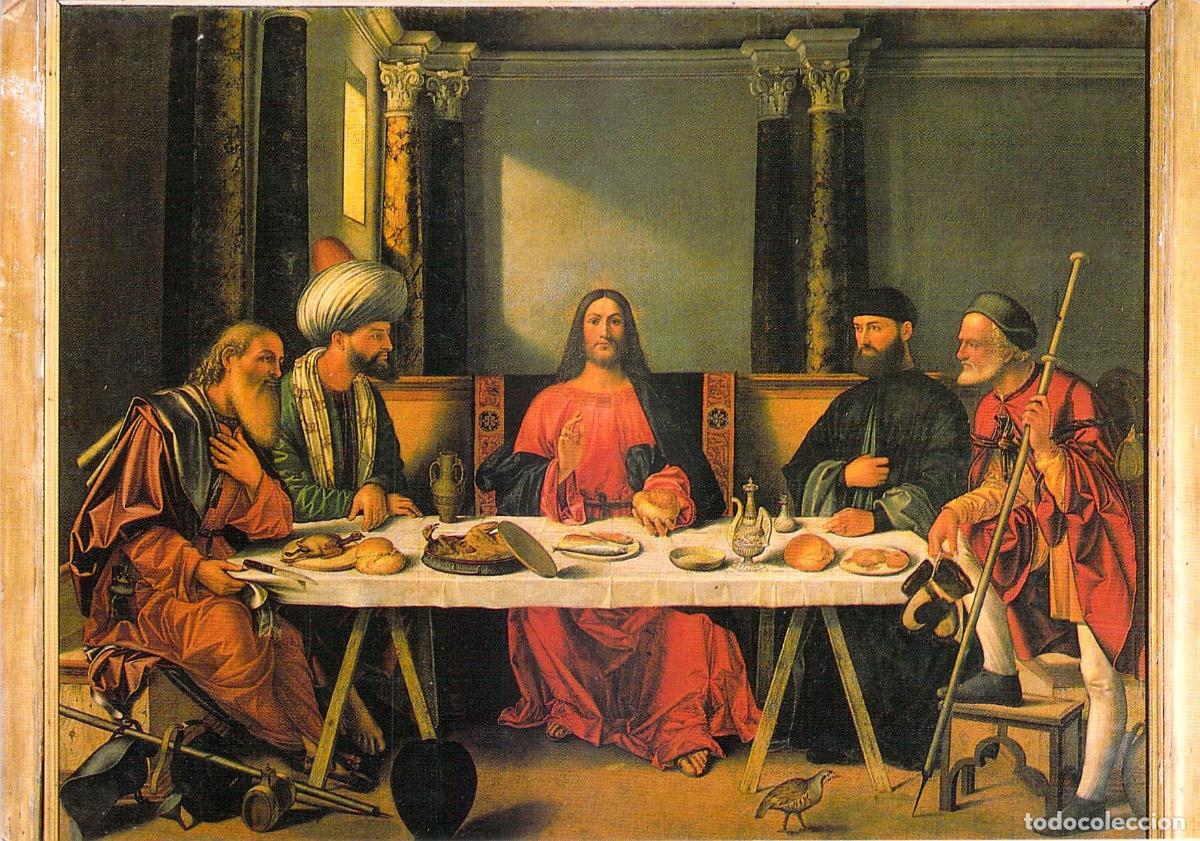 Postales: Postal de la pintura Cena de Ema&uacute;s de Giambellino en Venecia
