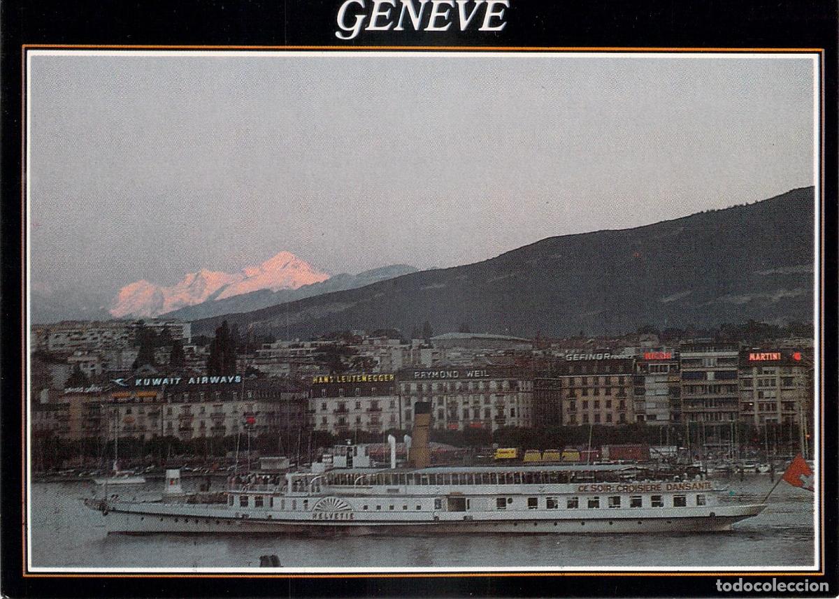 Postales: Postal de Ginebra con el barco de vapor Helvetie y el Monte Blanc