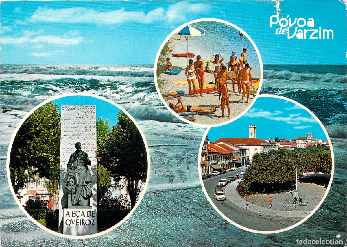 Postales: Postal de Povoa de Varzim con Playa y Monumento a E&ccedil;a de Queiroz