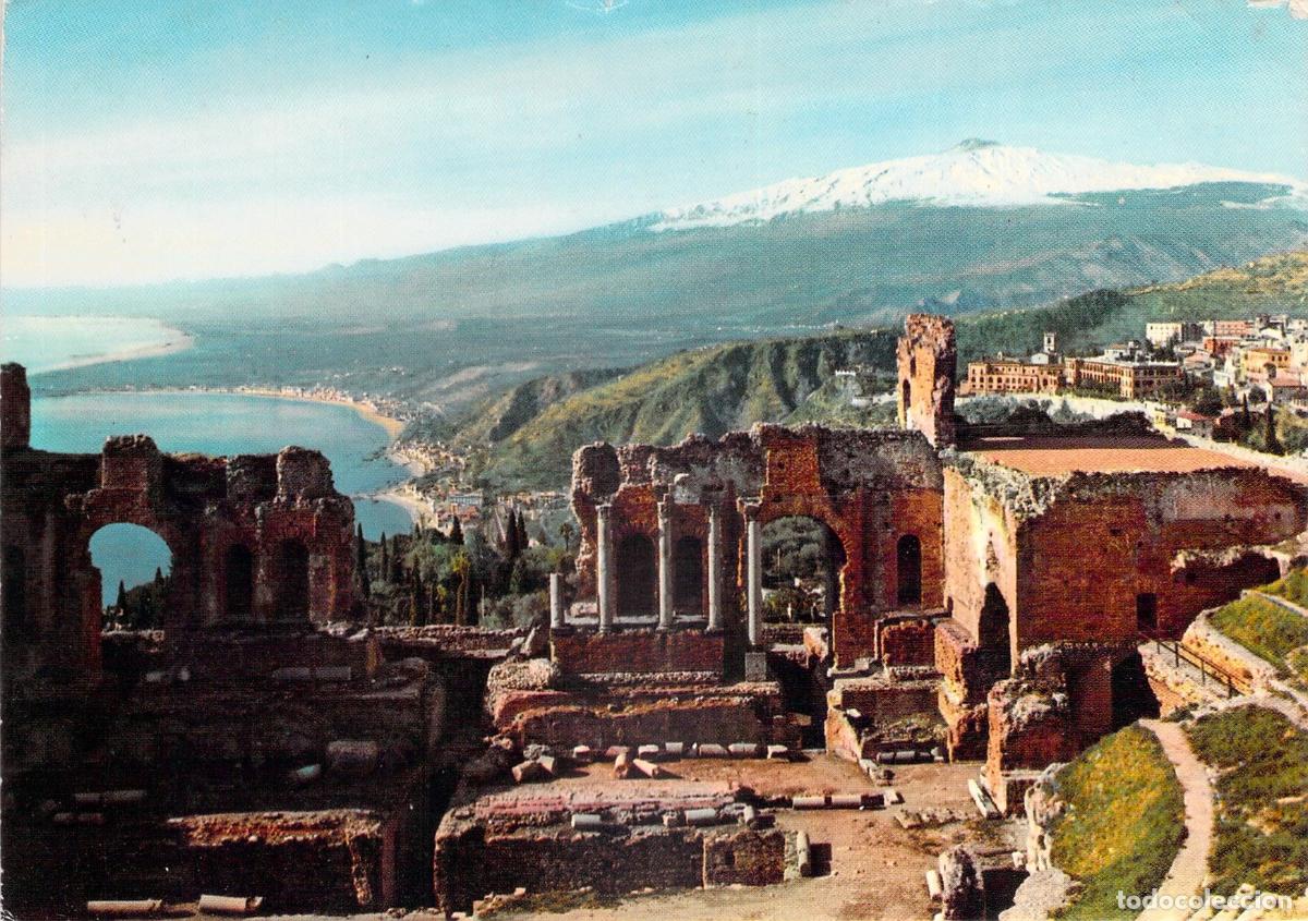 Postales: Postal de Taormina con vistas al Teatro Griego y el Monte Etna