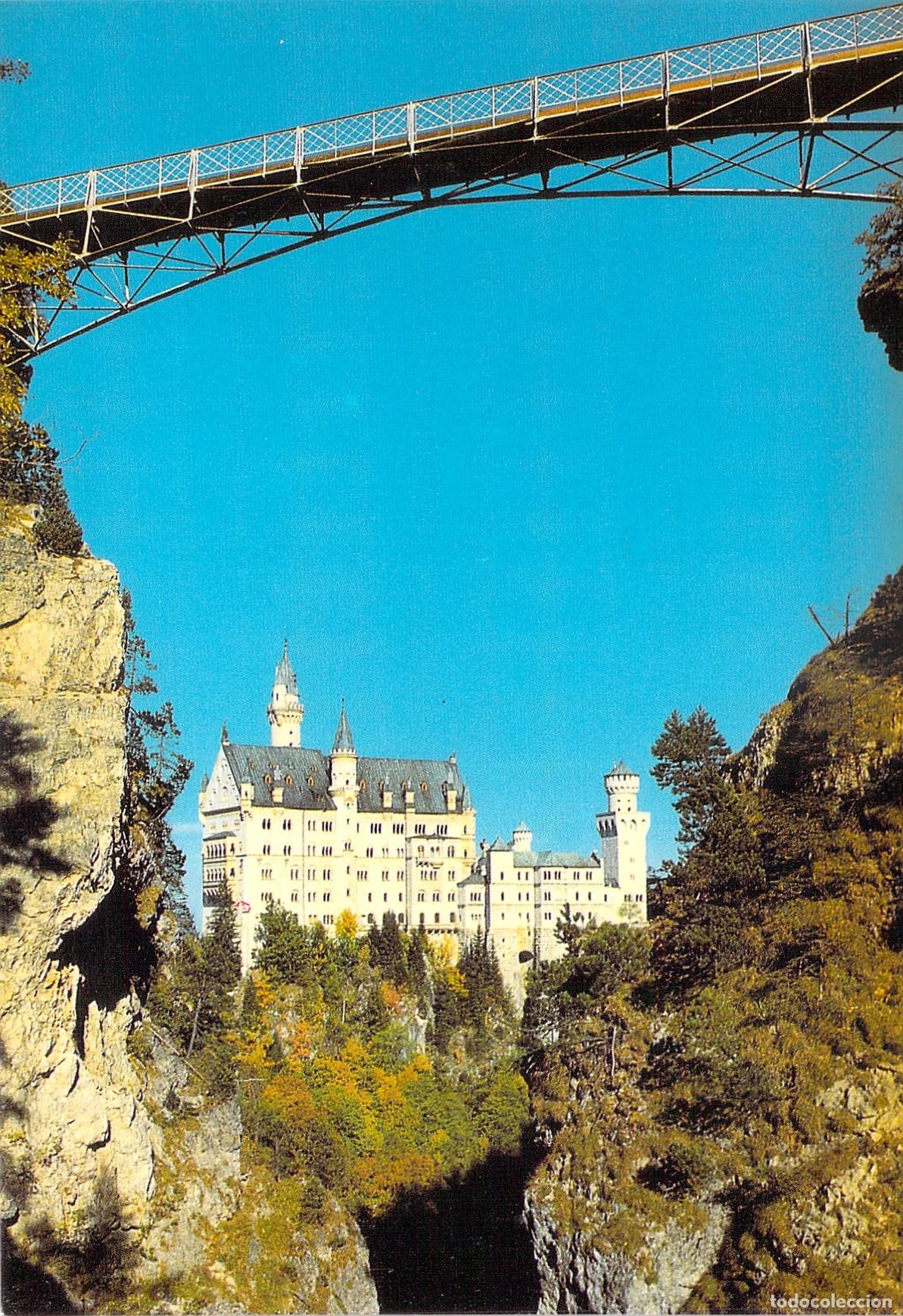 Cartoline: Postal del Castillo de Neuschwanstein y el puente Marienbr&uuml;cke en Alemania