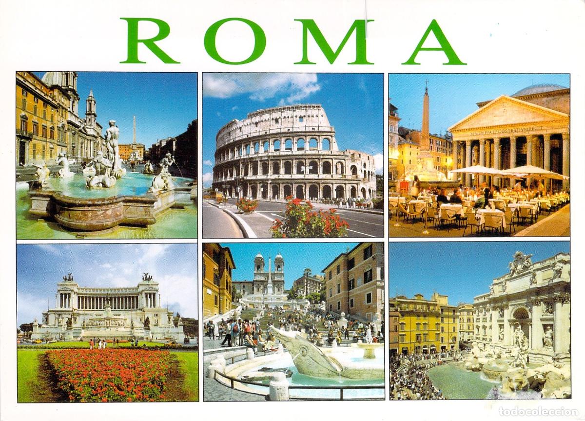 Cartoline: Postal de Roma con m&uacute;ltiples monumentos ic&oacute;nicos de la ciudad
