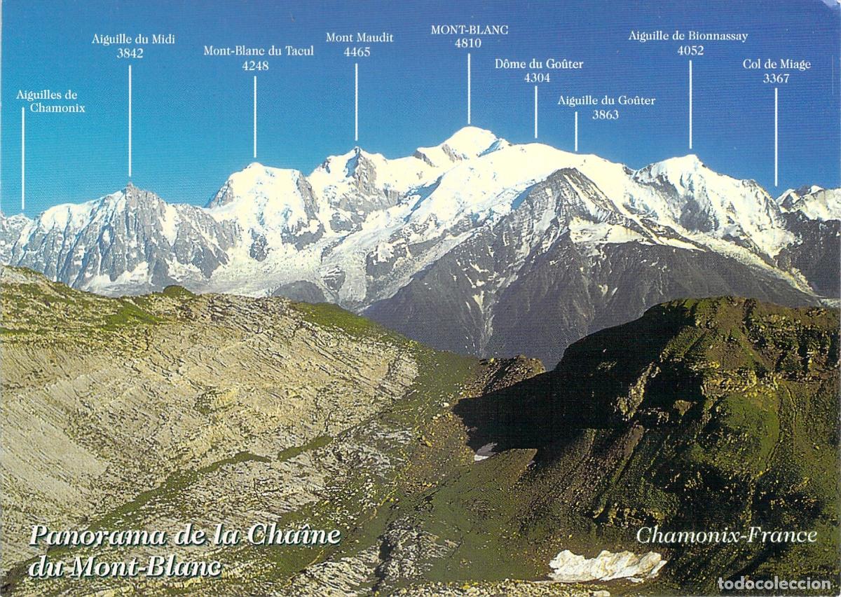 Postales: Postal del Panorama de la Cadena del Mont Blanc en los Alpes Franceses