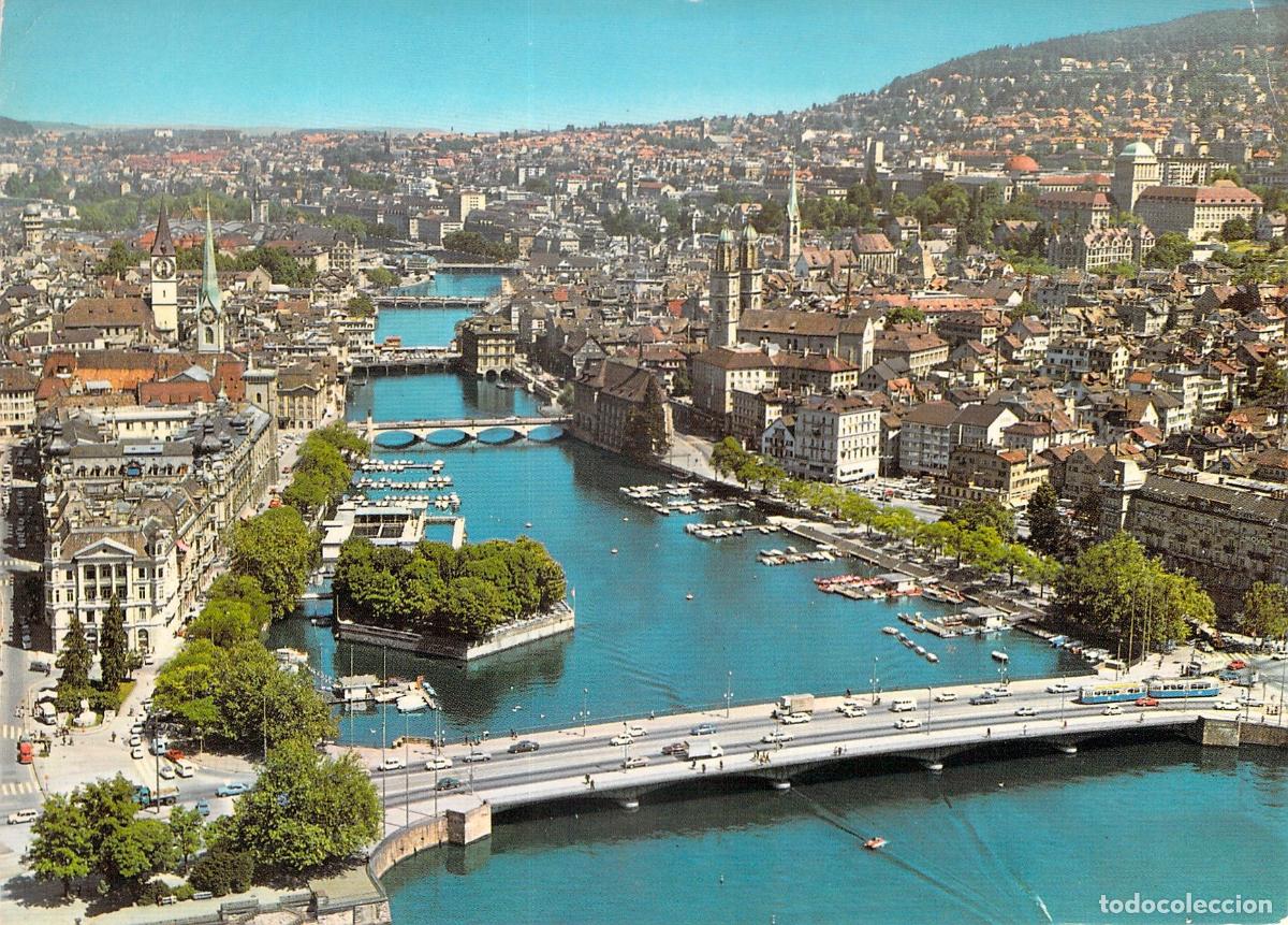 Postkarten: Postal de Z&uacute;rich, vista panor&aacute;mica del r&iacute;o Limmat y la ciudad